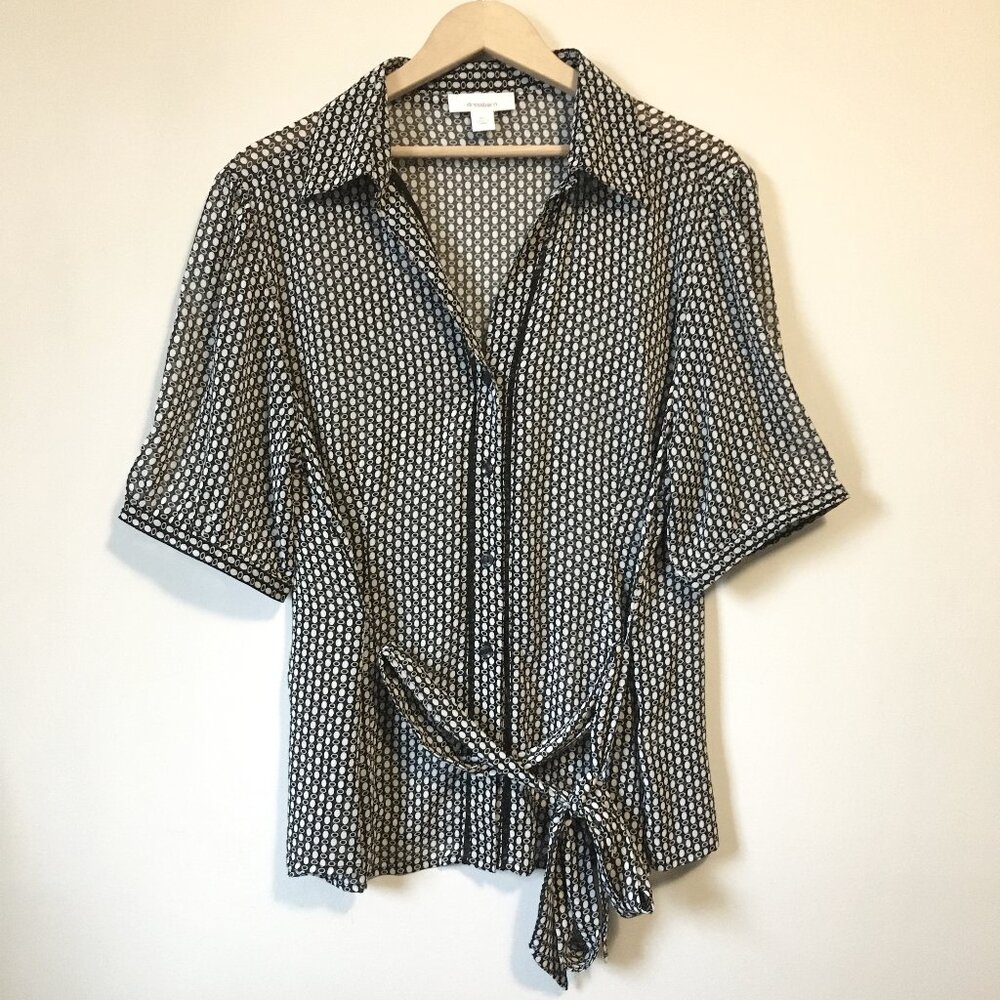 Dressbarn Semi Sheer Geometric Button Down Belted Shirt XL Mod